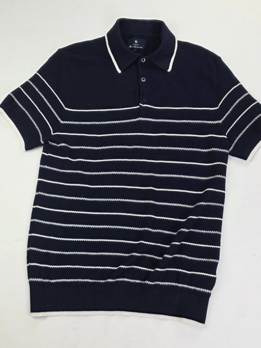 Ben Sherman Navy White Stripe Knit Size Small Short Sleeve Logo Tag Polo Sweater